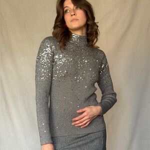 90s Vintage Silver Lurex Sequin Mock-neck Ribbed Top